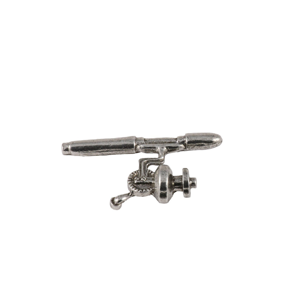 Detailed Antique Pewter Spinning Rod & Reel Pin that can be worn on a hat, jacket, backpack, etc.