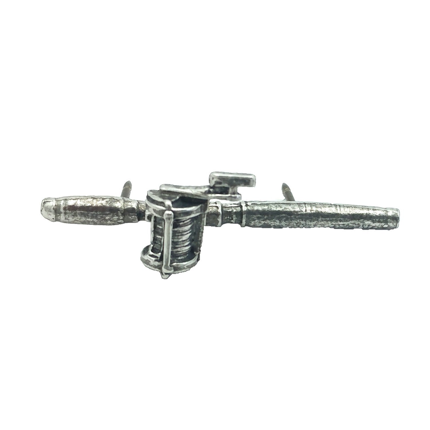 Detailed Antique Pewter Bait Casting Rod & Reel Pin that can be worn on a hat, jacket, backpack, etc.