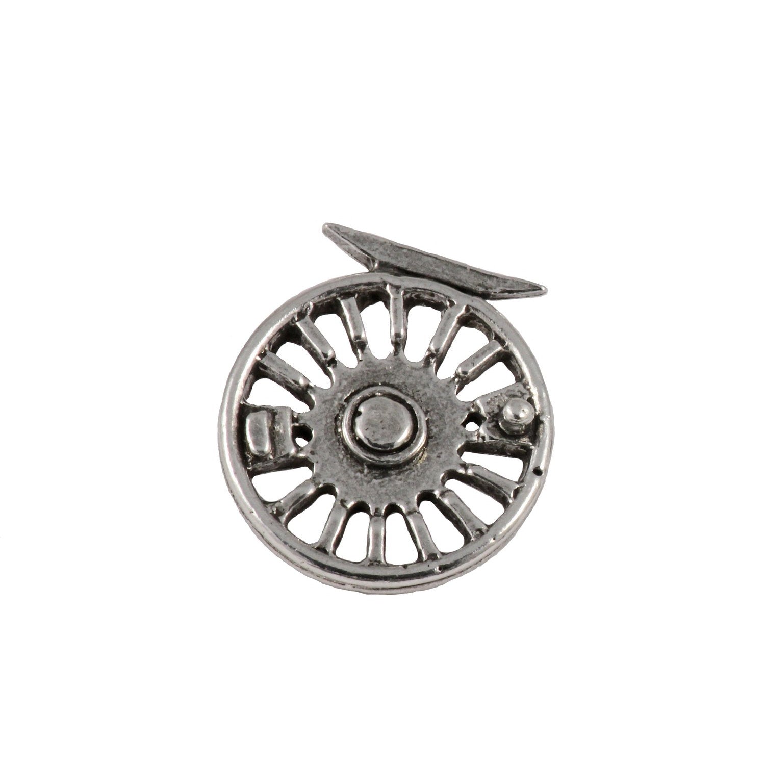 Detailed Antique Pewter Fly Reel Pin that can be worn on a hat, jacket, backpack, etc.