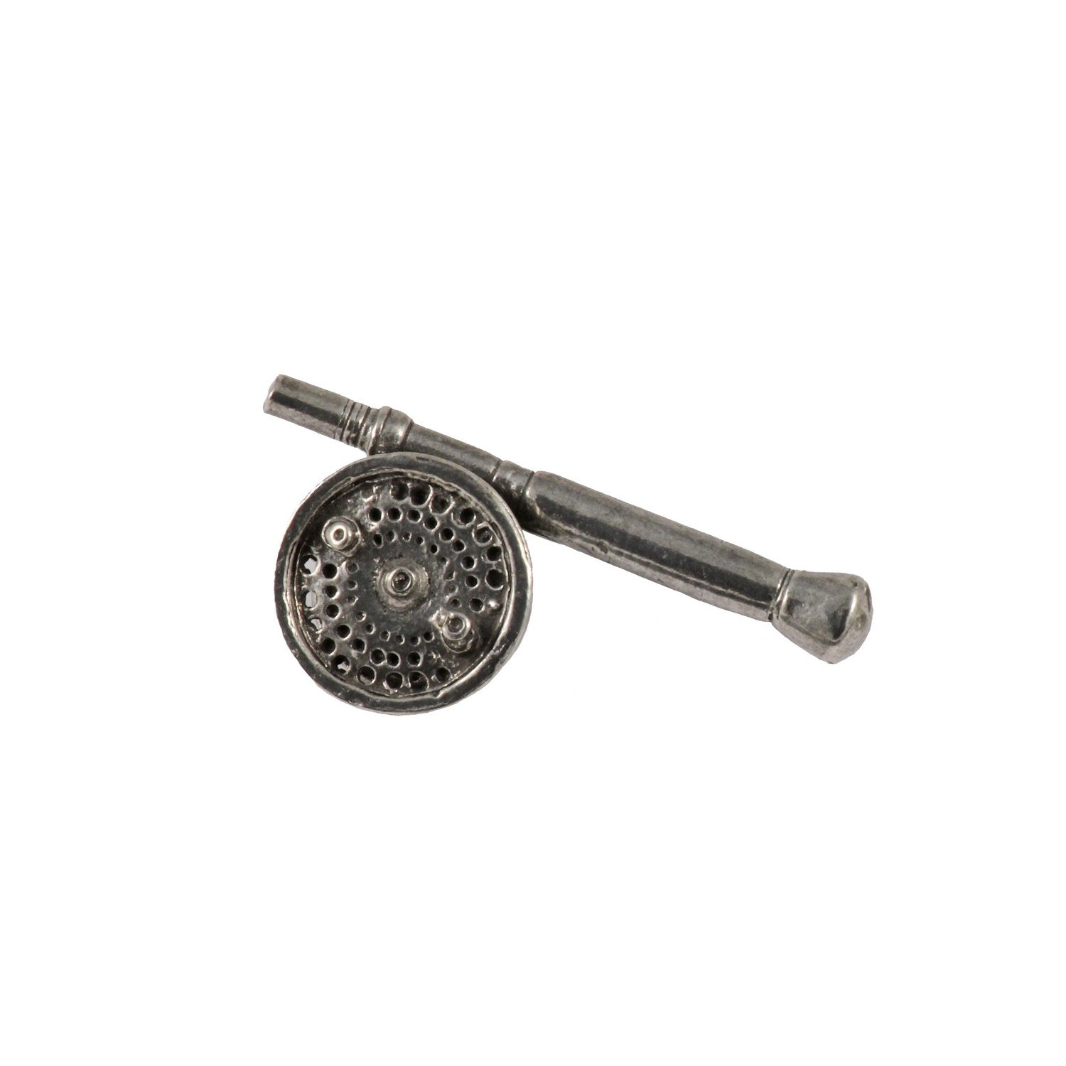 Detailed Antique Pewter Saltwater Fly Rod & Reel Pin that can be worn on a hat, jacket, backpack, etc.