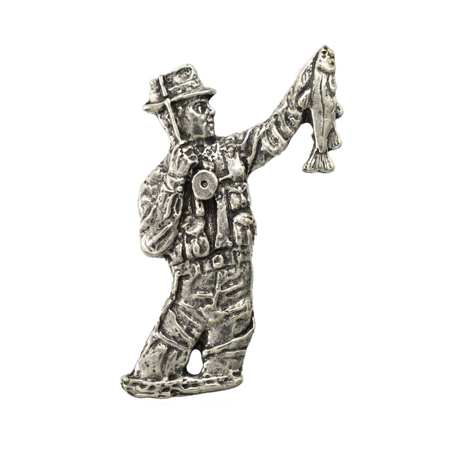 Detailed Antique Pewter Fly Fisherman Pin that can be worn on a hat, jacket, backpack, etc.