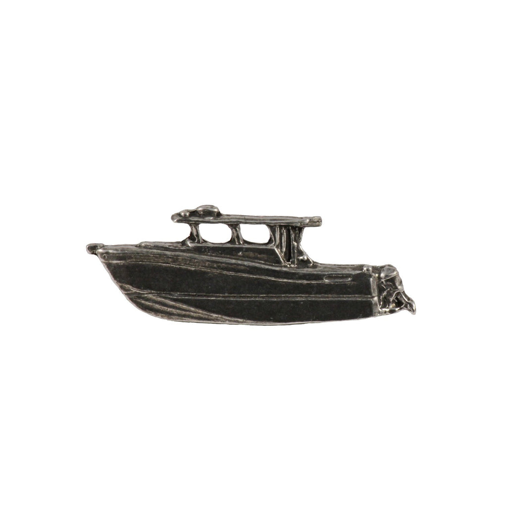 Detailed Antique Pewter Power Boat Pin that can be worn on a hat, jacket, backpack, etc.