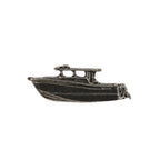 Detailed Antique Pewter Power Boat Pin that can be worn on a hat, jacket, backpack, etc.