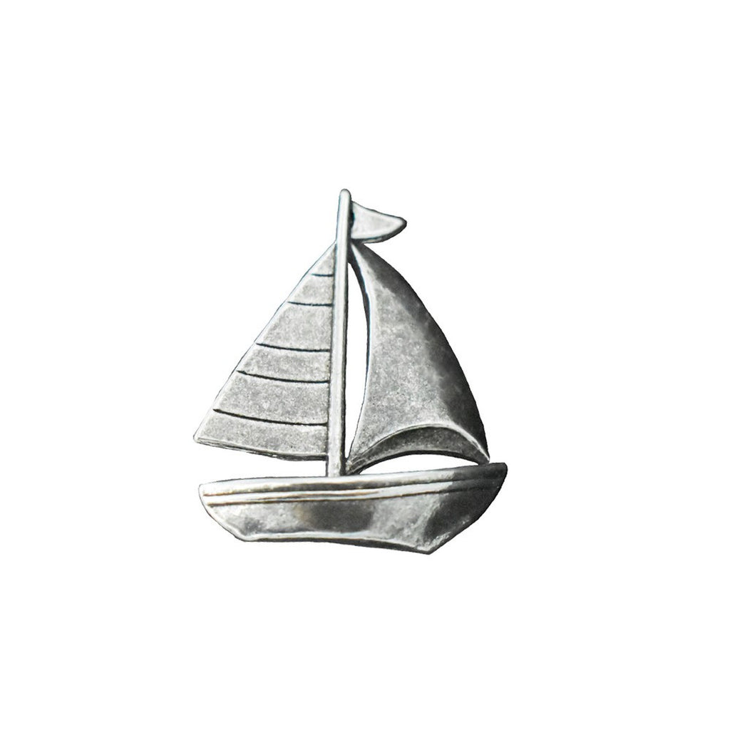 Detailed Antique Pewter Sailboat Pin that can be worn on a hat, jacket, backpack, etc.