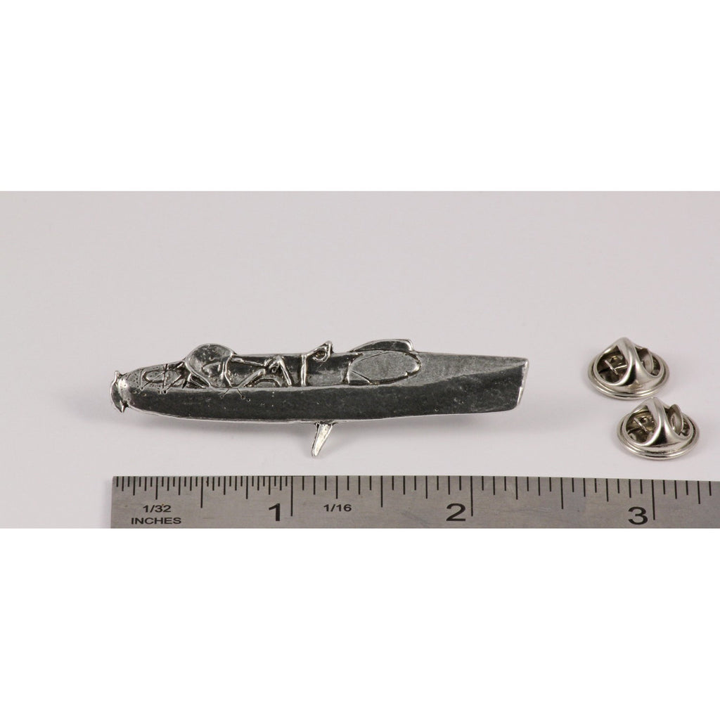 A handcrafted Hobie Fishing Kayak Pin next to a ruler, available for sale at Creativeartisan.com - the image offers a sense of scale