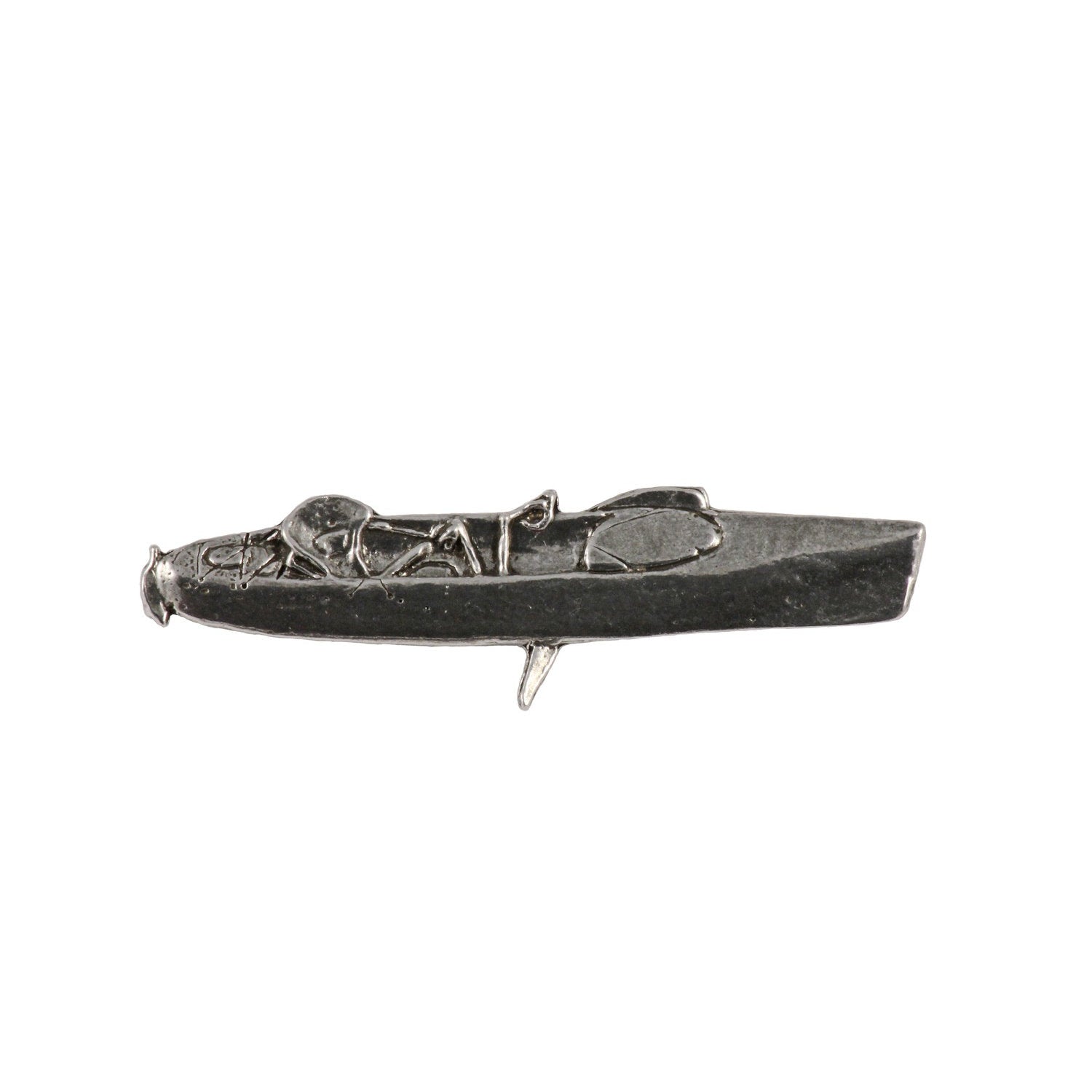 Detailed Antique Pewter Hobie Fishing Kayak Pin that can be worn on a hat, jacket, backpack, etc.