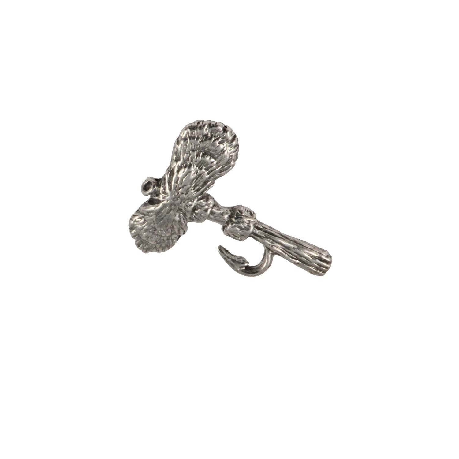 Detailed Antique Pewter Royal Wulff Fly Pin that can be worn on a hat, jacket, backpack, etc.