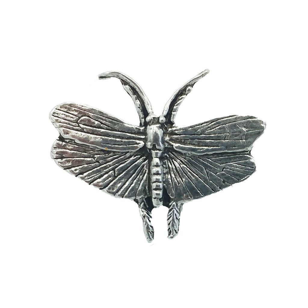 Detailed Antique Pewter Moth Pin that can be worn on a hat, jacket, backpack, etc.
