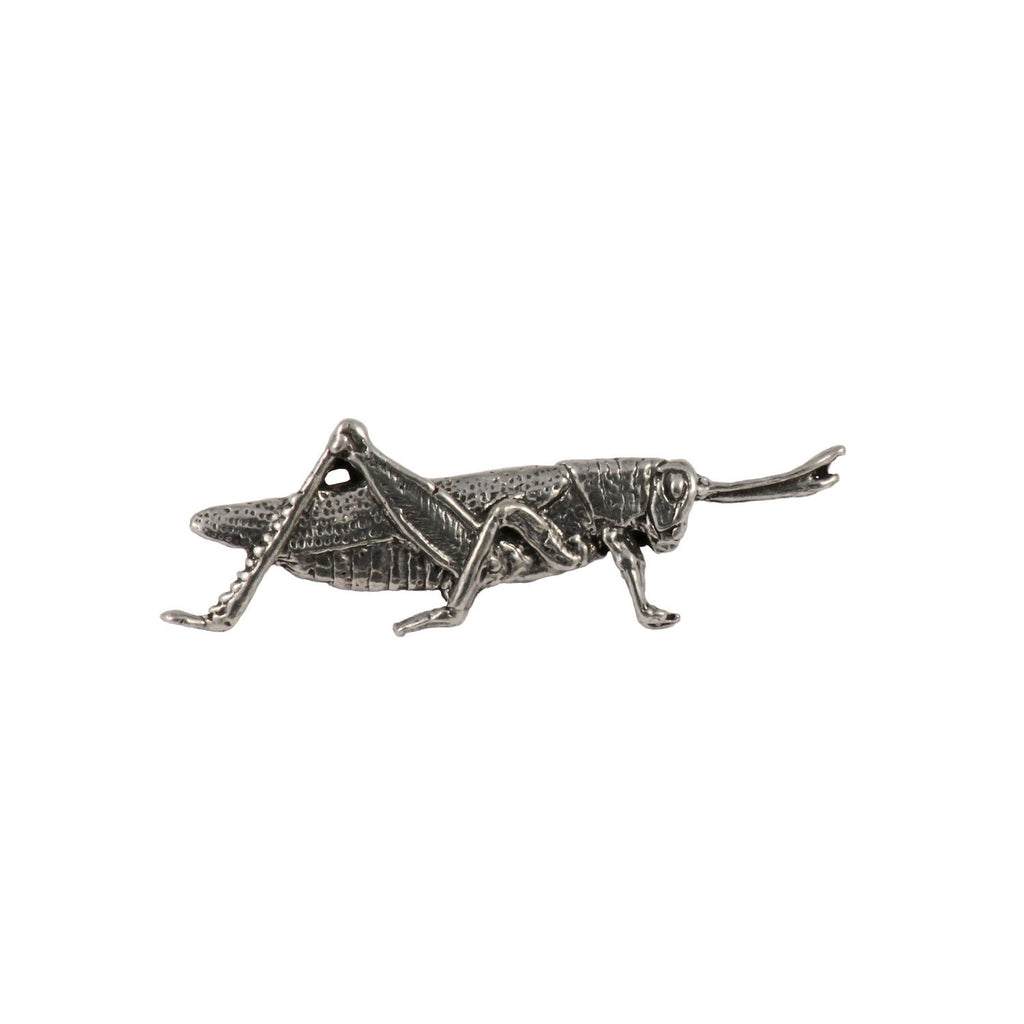 Detailed Antique Pewter Grasshopper Pin that can be worn on a hat, jacket, backpack, etc.