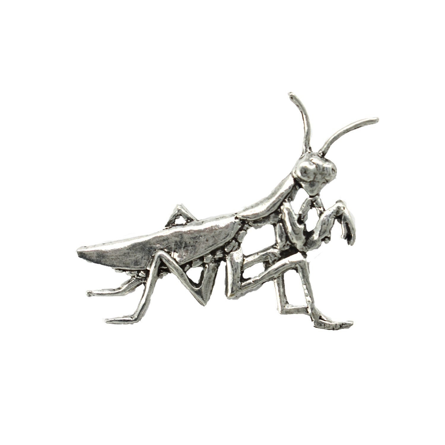 Detailed Antique Pewter Praying Mantis Pin that can be worn on a hat, jacket, backpack, etc.