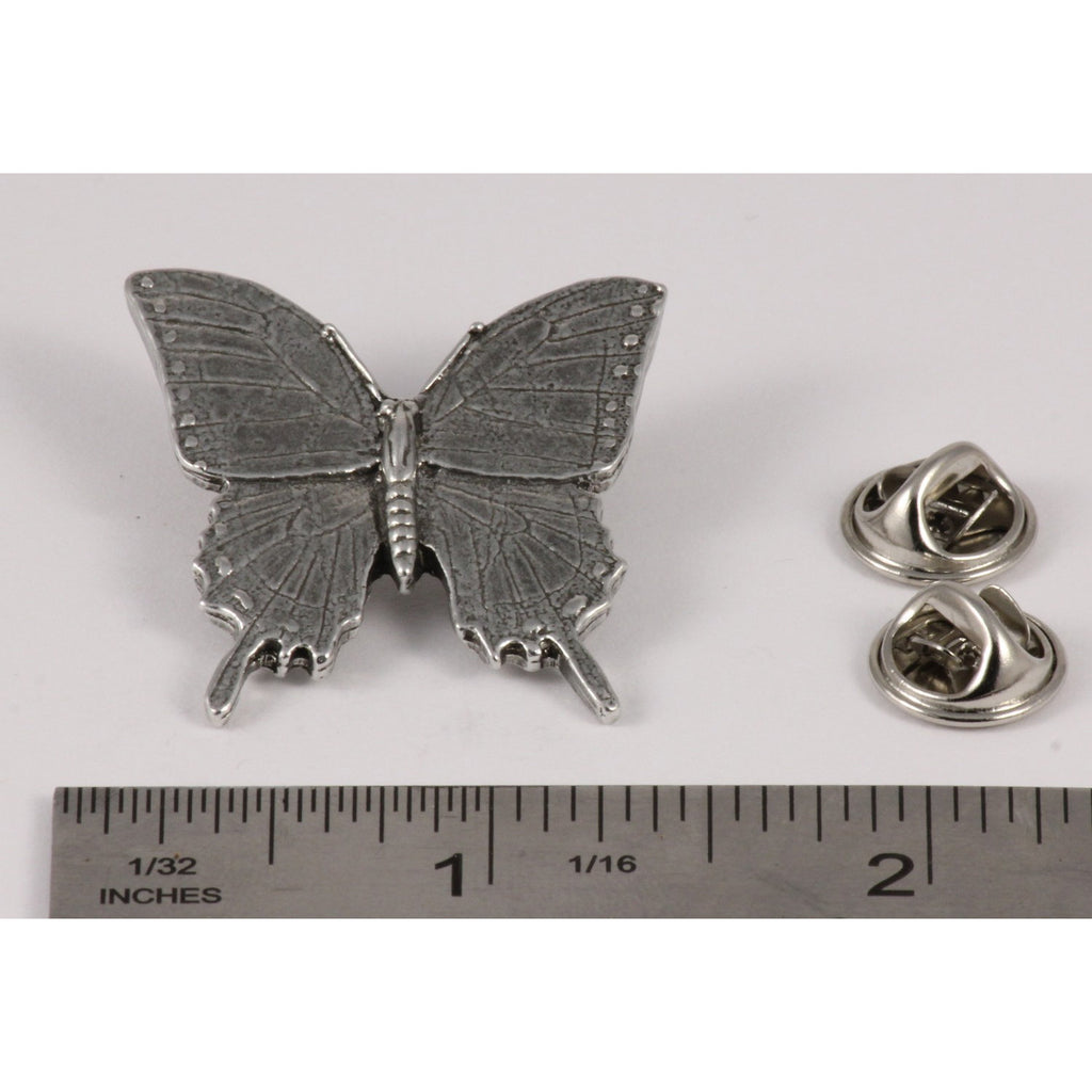 A handcrafted Tiger Swallowtail Butterfly Pin next to a ruler, available for sale at Creativeartisan.com - the image offers a sense of scale
