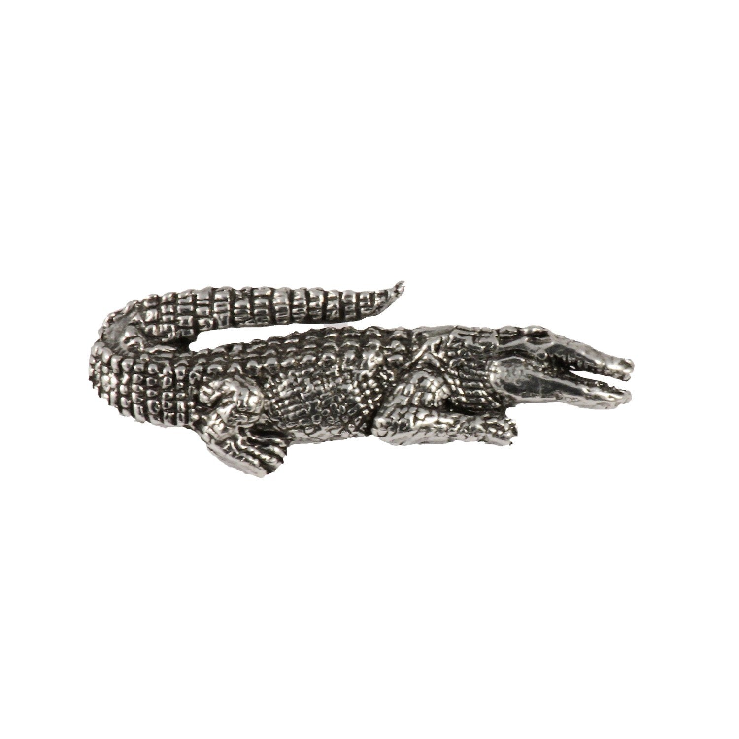 Detailed Antique Pewter Alligator Pin that can be worn on a hat, jacket, backpack, etc.