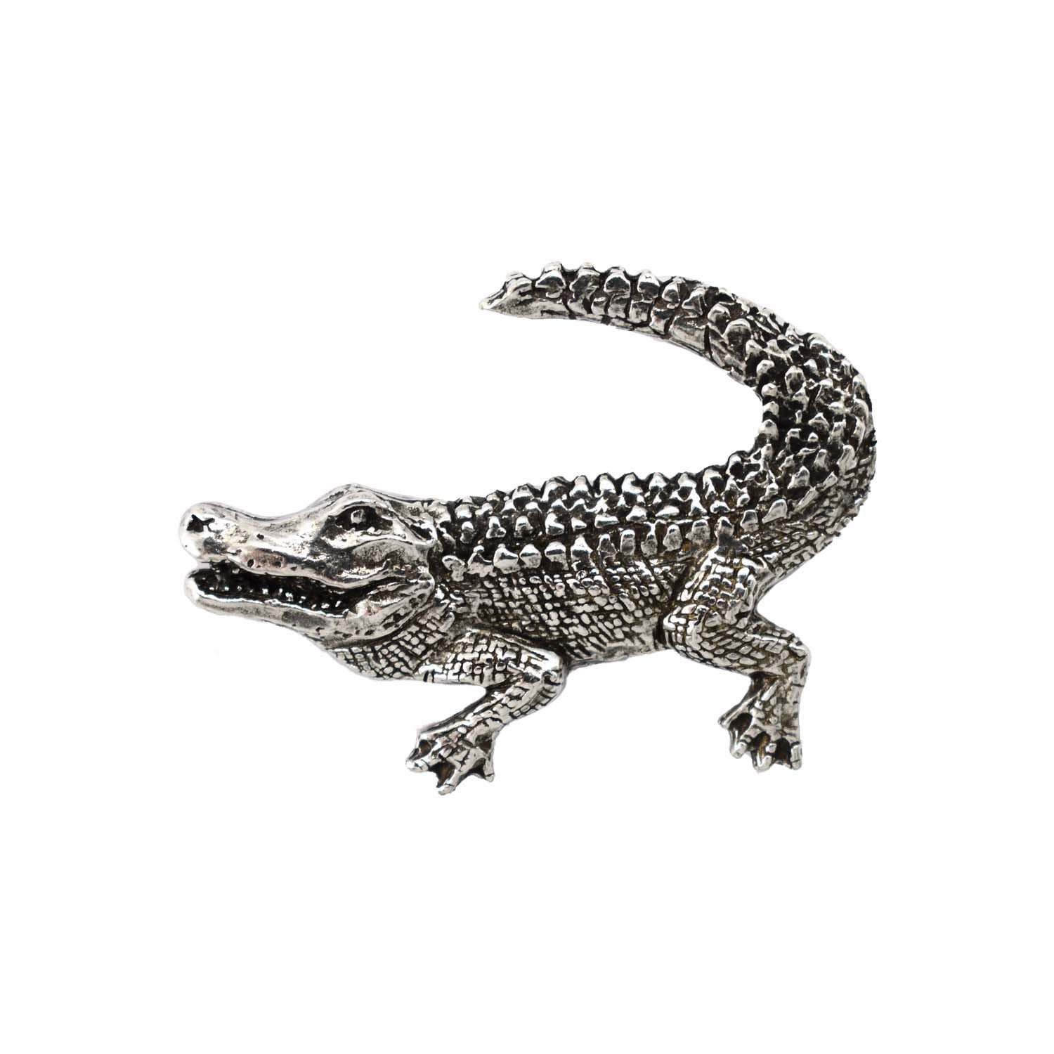 Detailed Antique Pewter Alligator Crocodile Pin that can be worn on a hat, jacket, backpack, etc.