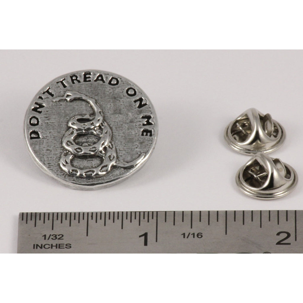 A handcrafted Dont Tread On Me Pin next to a ruler, available for sale at Creativeartisan.com - the image offers a sense of scale