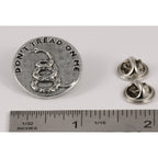 A handcrafted Dont Tread On Me Pin next to a ruler, available for sale at Creativeartisan.com - the image offers a sense of scale