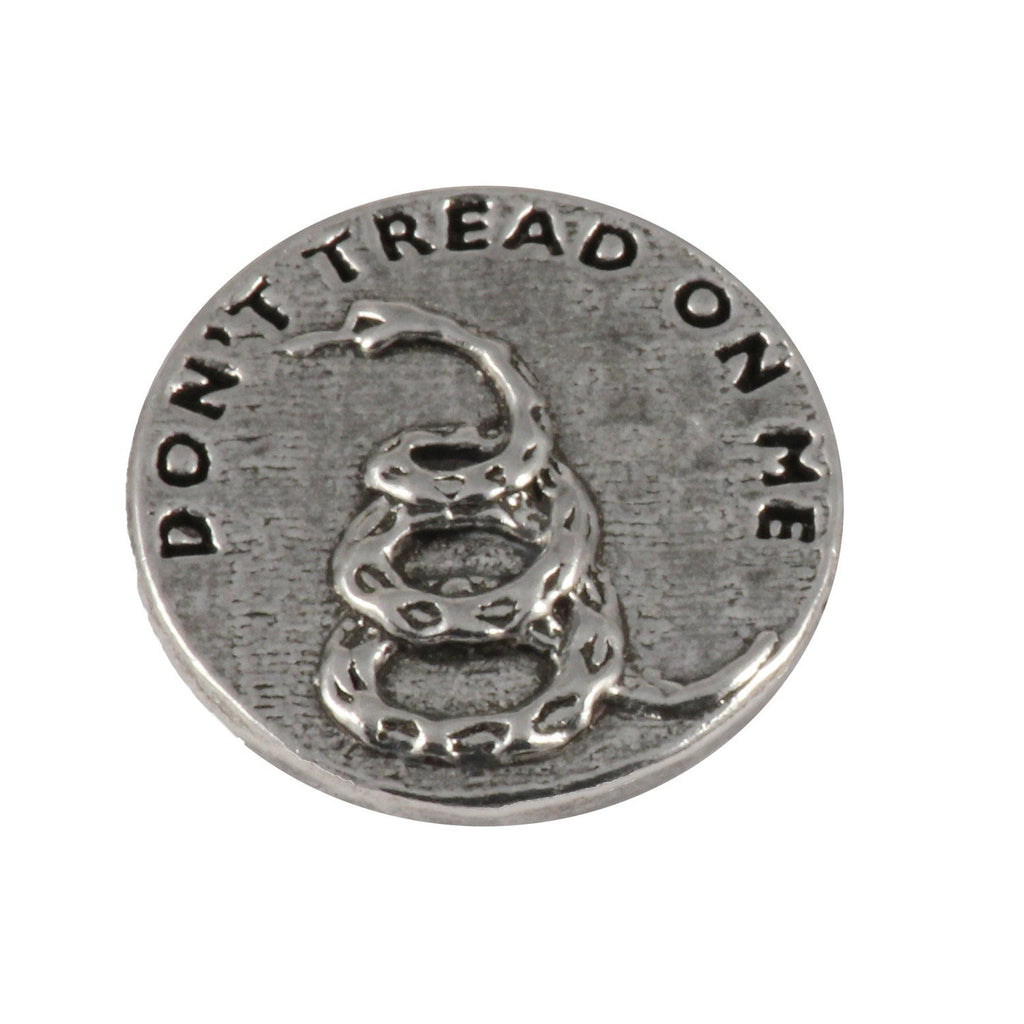 Detailed Antique Pewter Don't Tread On Me Pin that can be worn on a hat, jacket, backpack, etc.