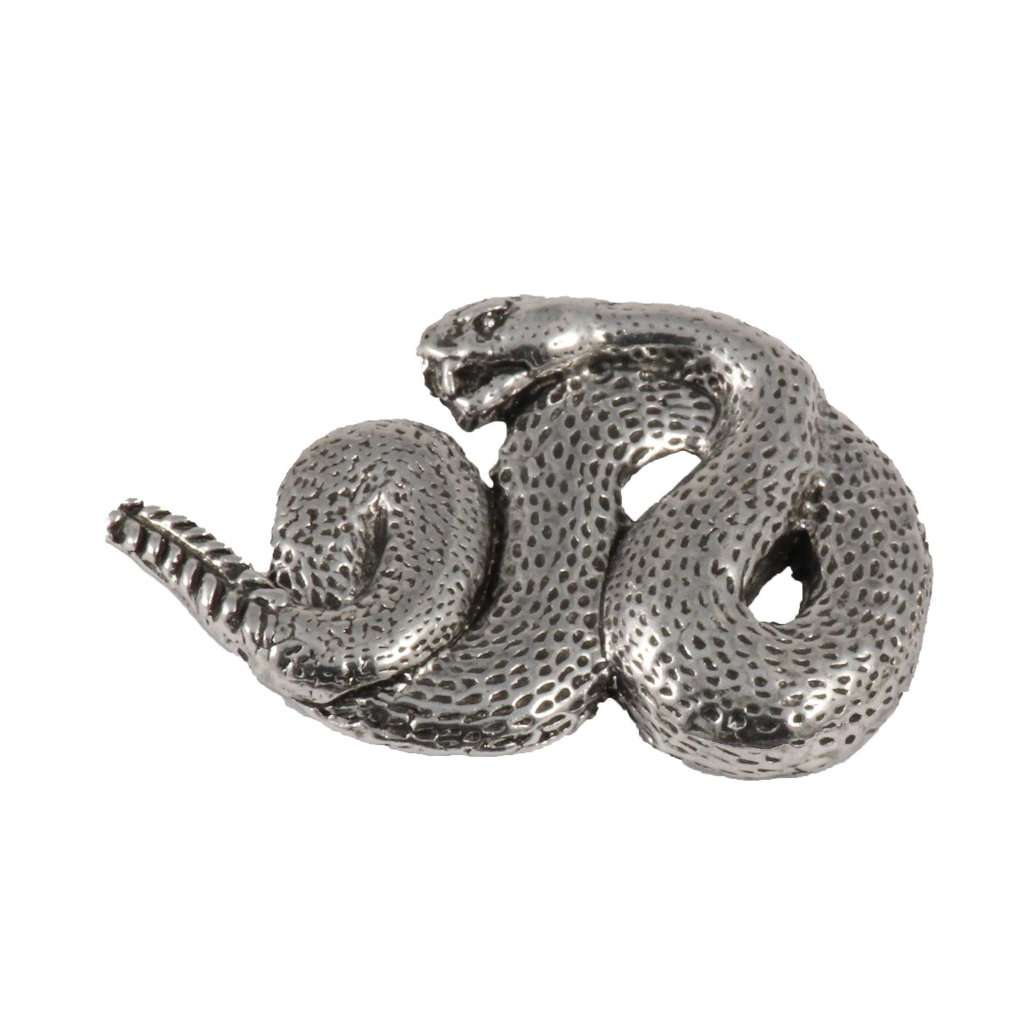Detailed Antique Pewter Rattlesnake Pin that can be worn on a hat, jacket, backpack, etc.