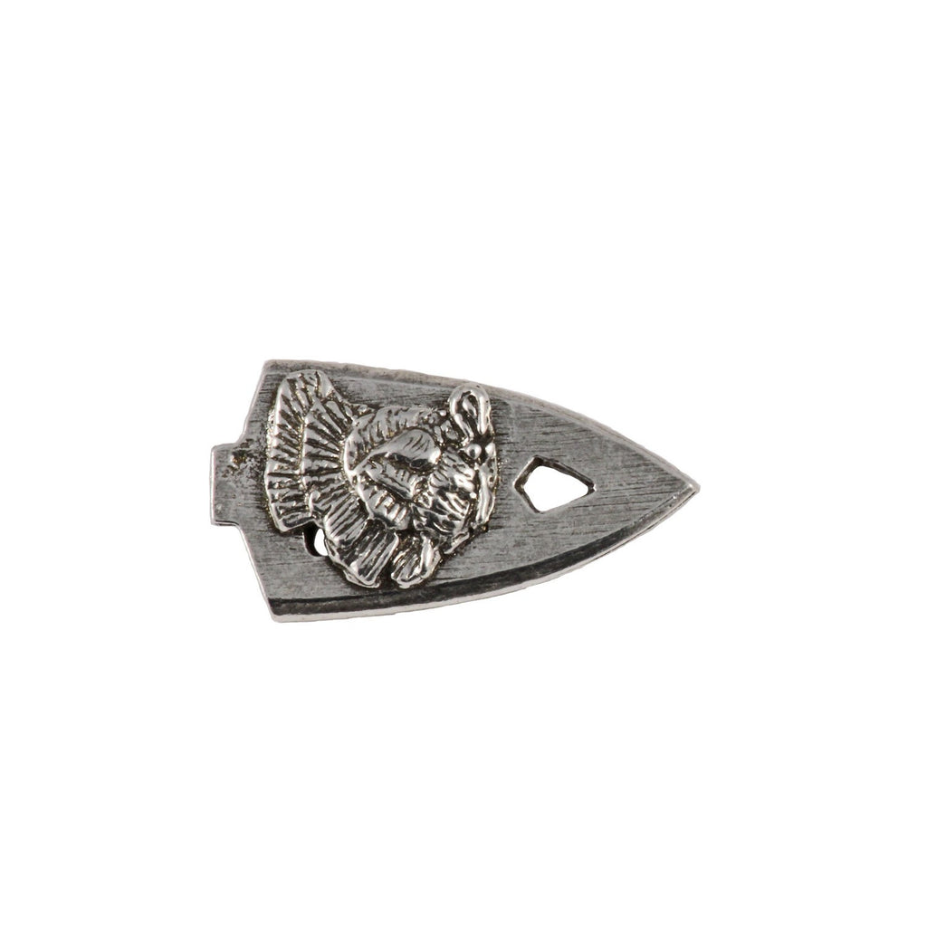 Detailed Antique Pewter Broadhead With Turkey Pin that can be worn on a hat, jacket, backpack, etc.