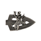 Detailed Antique Pewter Broadhead With Deer Head Pin that can be worn on a hat, jacket, backpack, etc.
