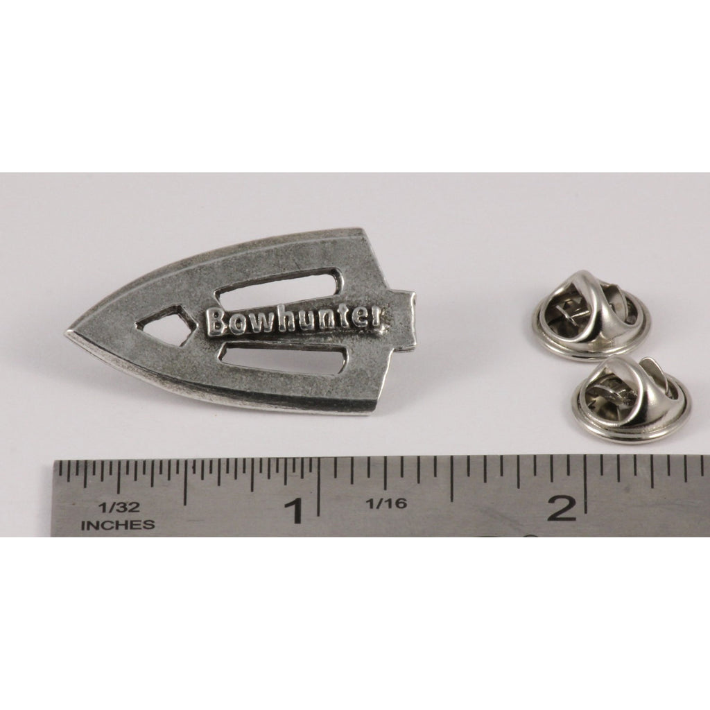 A handcrafted Broadhead Bowhunter Pin next to a ruler, available for sale at Creativeartisan.com - the image offers a sense of scale