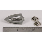 A handcrafted Broadhead Bowhunter Pin next to a ruler, available for sale at Creativeartisan.com - the image offers a sense of scale