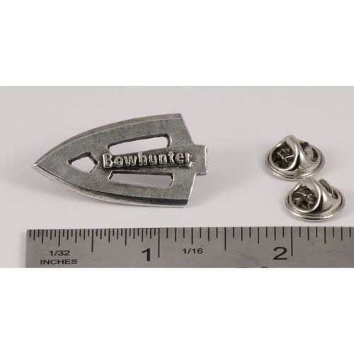 A handcrafted Broadhead Bowhunter Pin next to a ruler, available for sale at Creativeartisan.com - the image offers a sense of scale