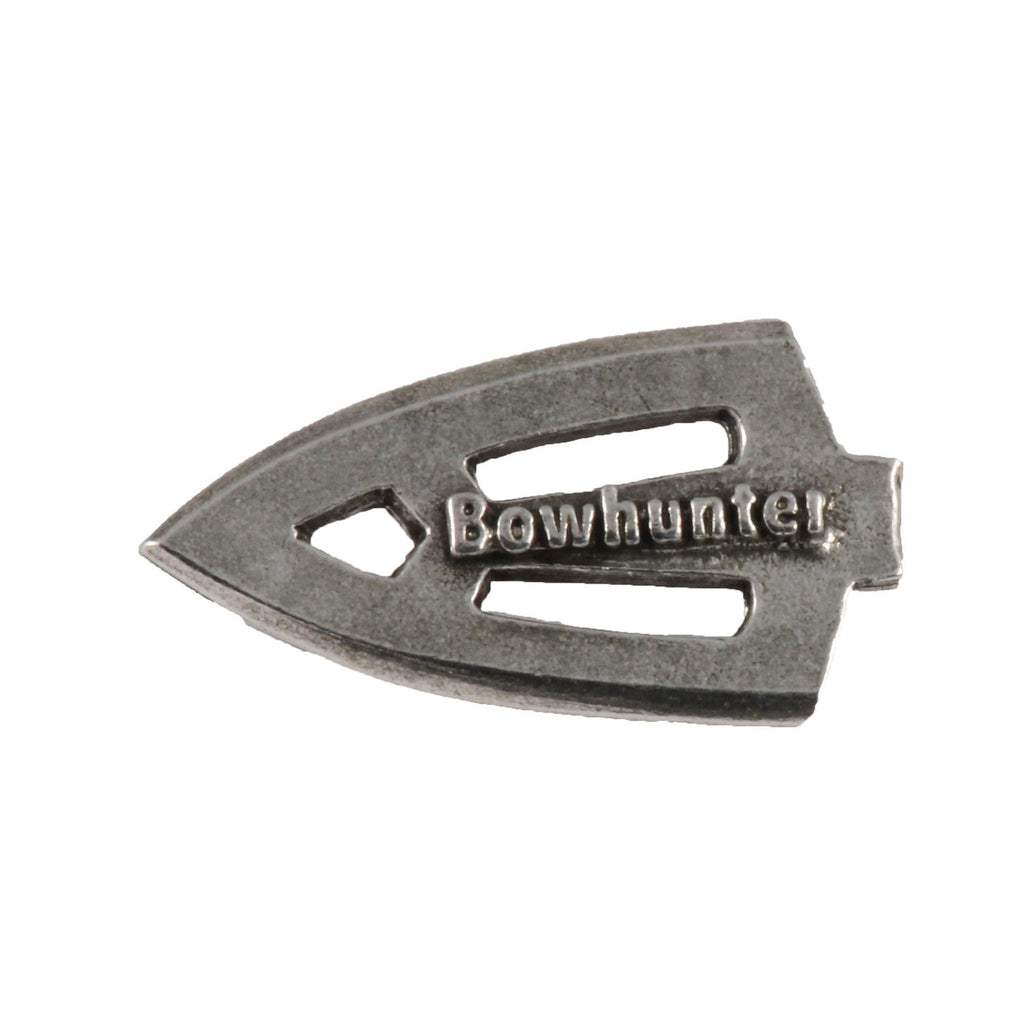 Detailed Antique Pewter Broadhead Bowhunter Pin that can be worn on a hat, jacket, backpack, etc.
