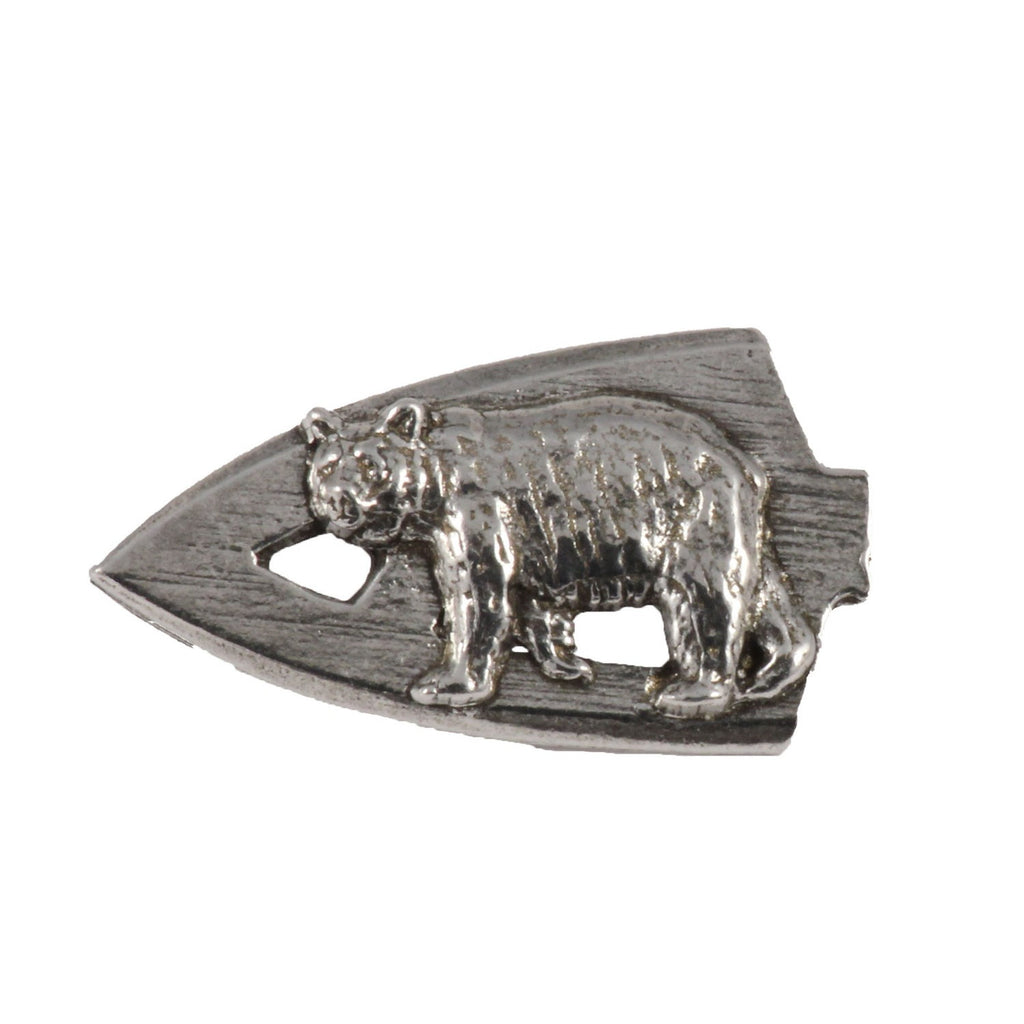 Detailed Antique Pewter Broadhead With Black Bear Pin that can be worn on a hat, jacket, backpack, etc.