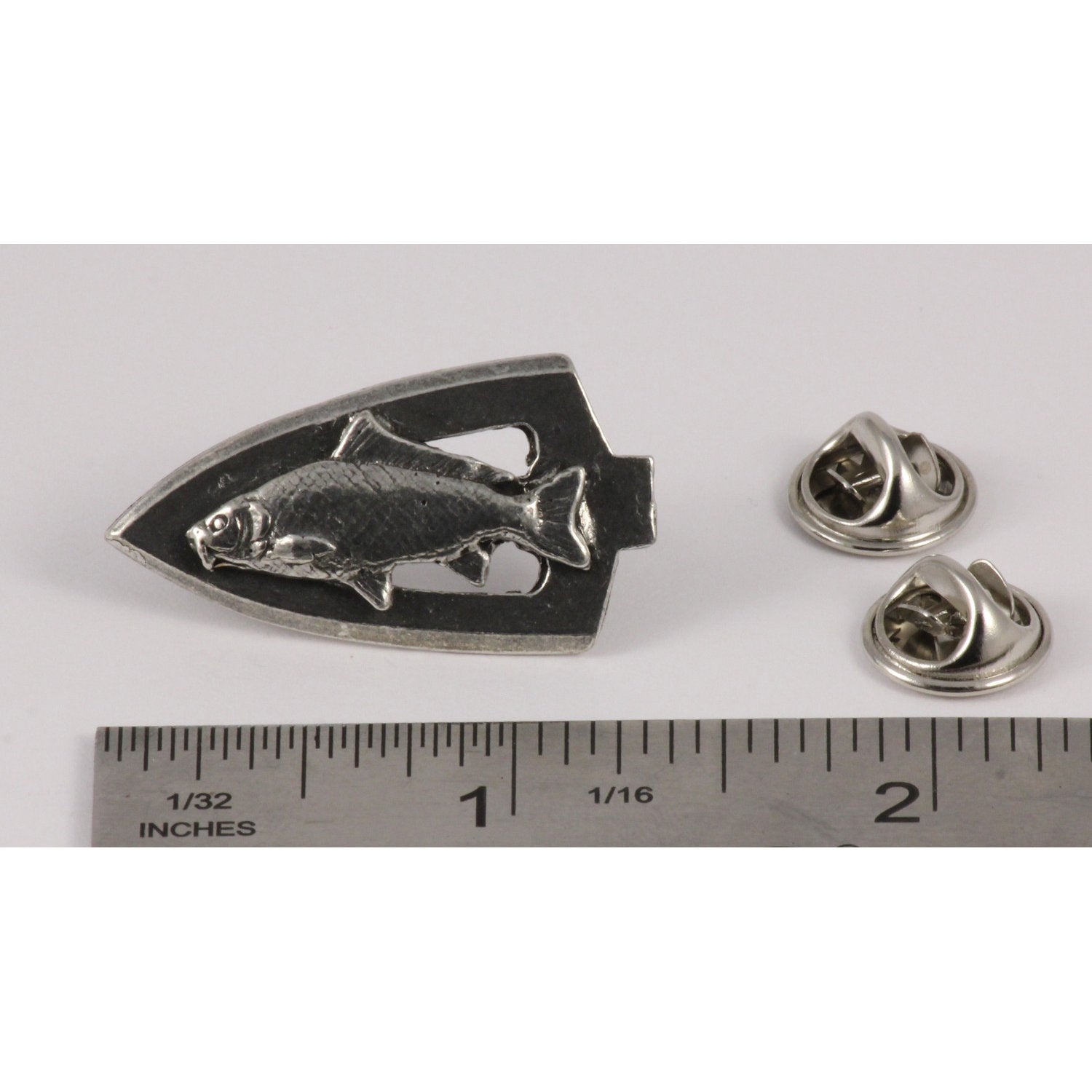 A handcrafted Broadhead With Carp Pin next to a ruler, available for sale at Creativeartisan.com - the image offers a sense of scale