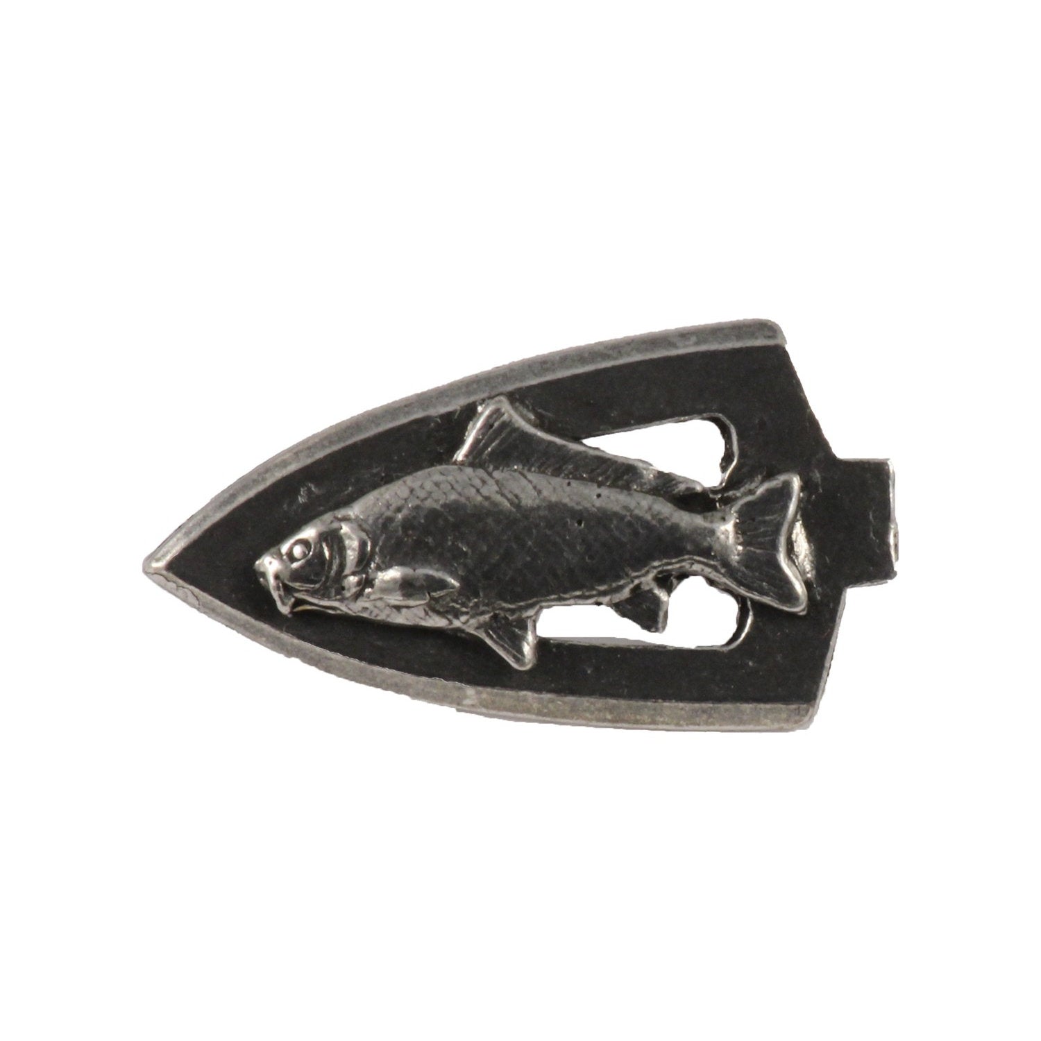 Detailed Antique Pewter Broadhead With Carp Pin that can be worn on a hat, jacket, backpack, etc.