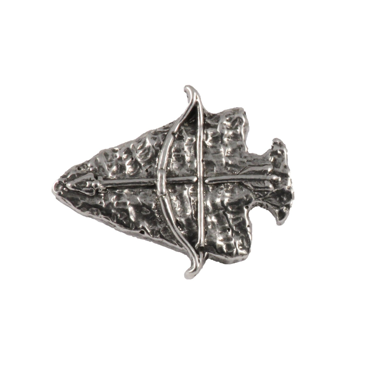 Detailed Antique Pewter Arrowhead With Bow Pin that can be worn on a hat, jacket, backpack, etc.