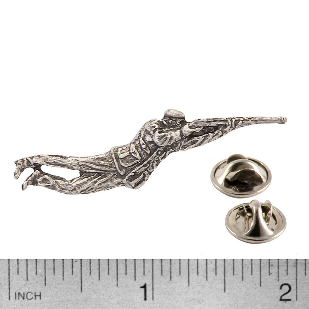 A handcrafted Prone Shooter Pin next to a ruler, available for sale at Creativeartisan.com - the image offers a sense of scale