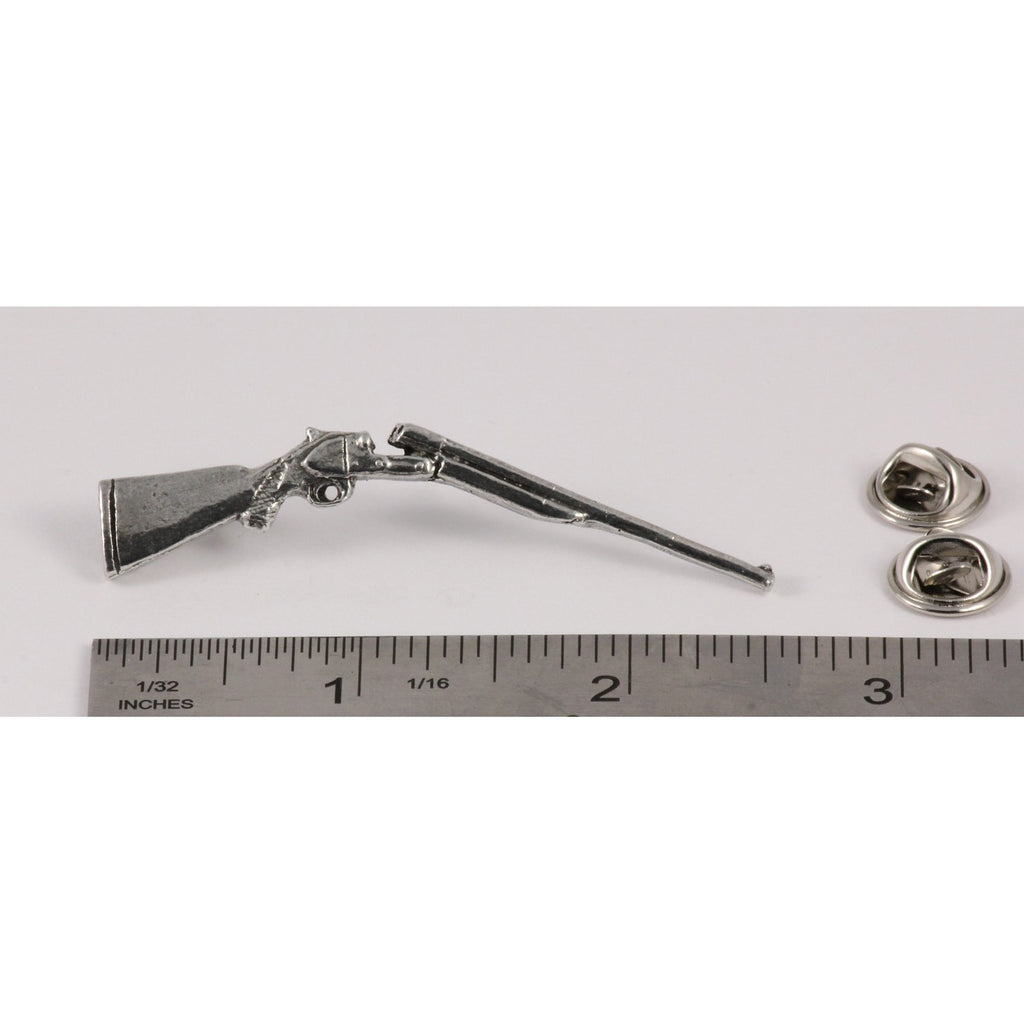 A handcrafted Side By Side Shotgun Pin next to a ruler, available for sale at Creativeartisan.com - the image offers a sense of scale