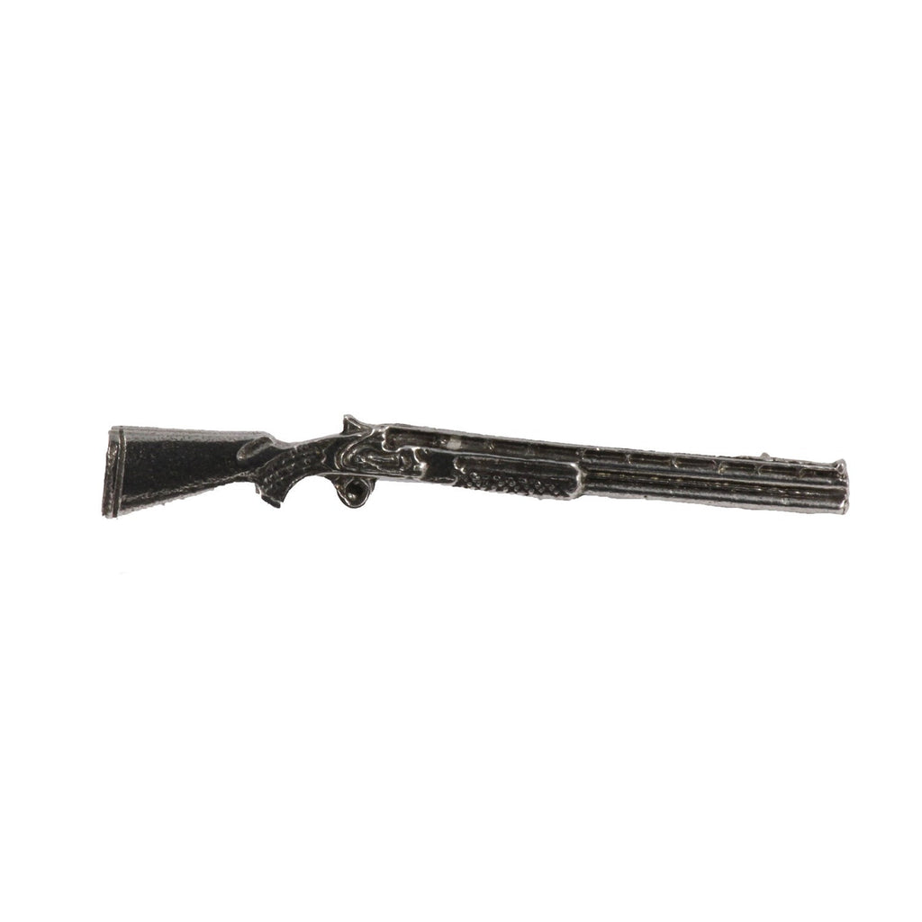 Detailed Antique Pewter Over & Under Shotgun Pin that can be worn on a hat, jacket, backpack, etc.