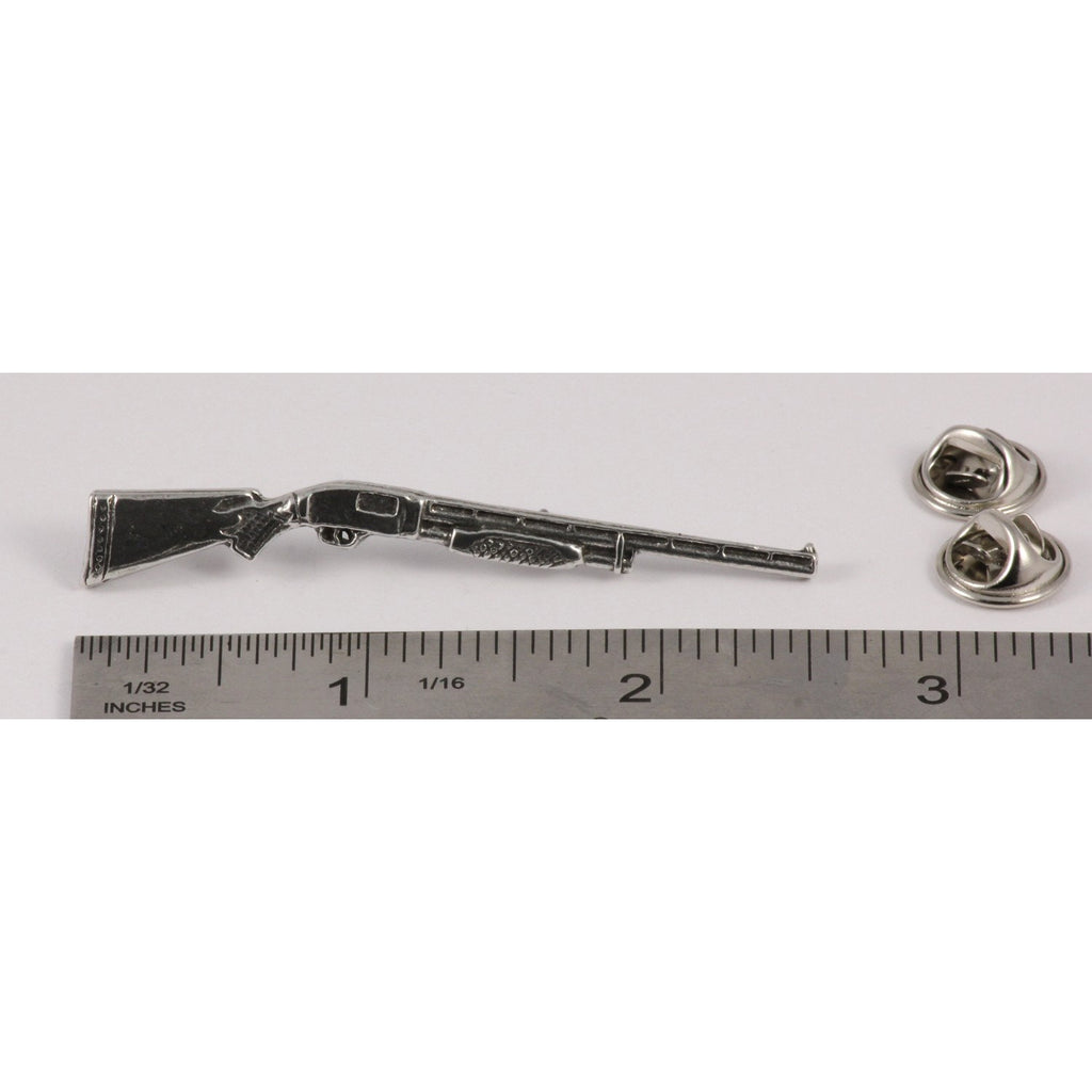 A handcrafted Pump Shotgun Pin next to a ruler, available for sale at Creativeartisan.com - the image offers a sense of scale