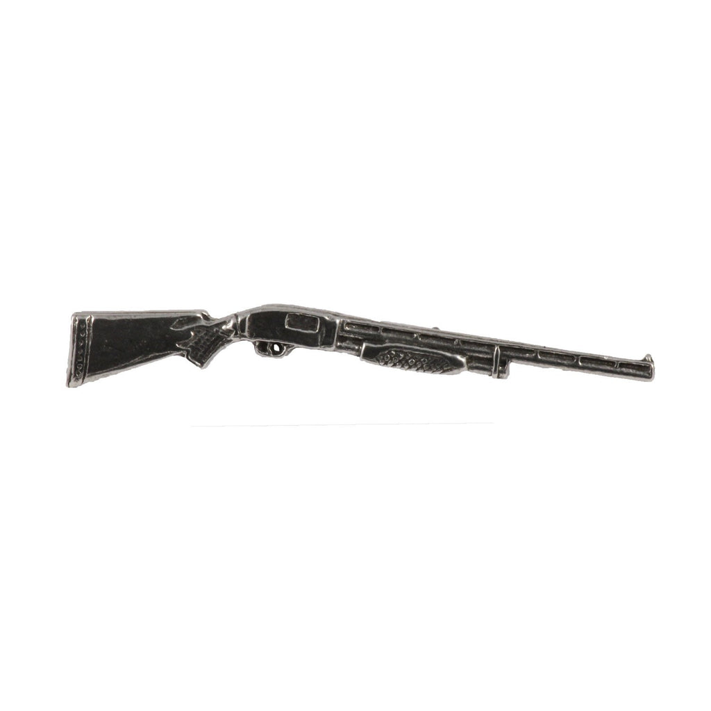 Detailed Antique Pewter Pump Shotgun Pin that can be worn on a hat, jacket, backpack, etc.