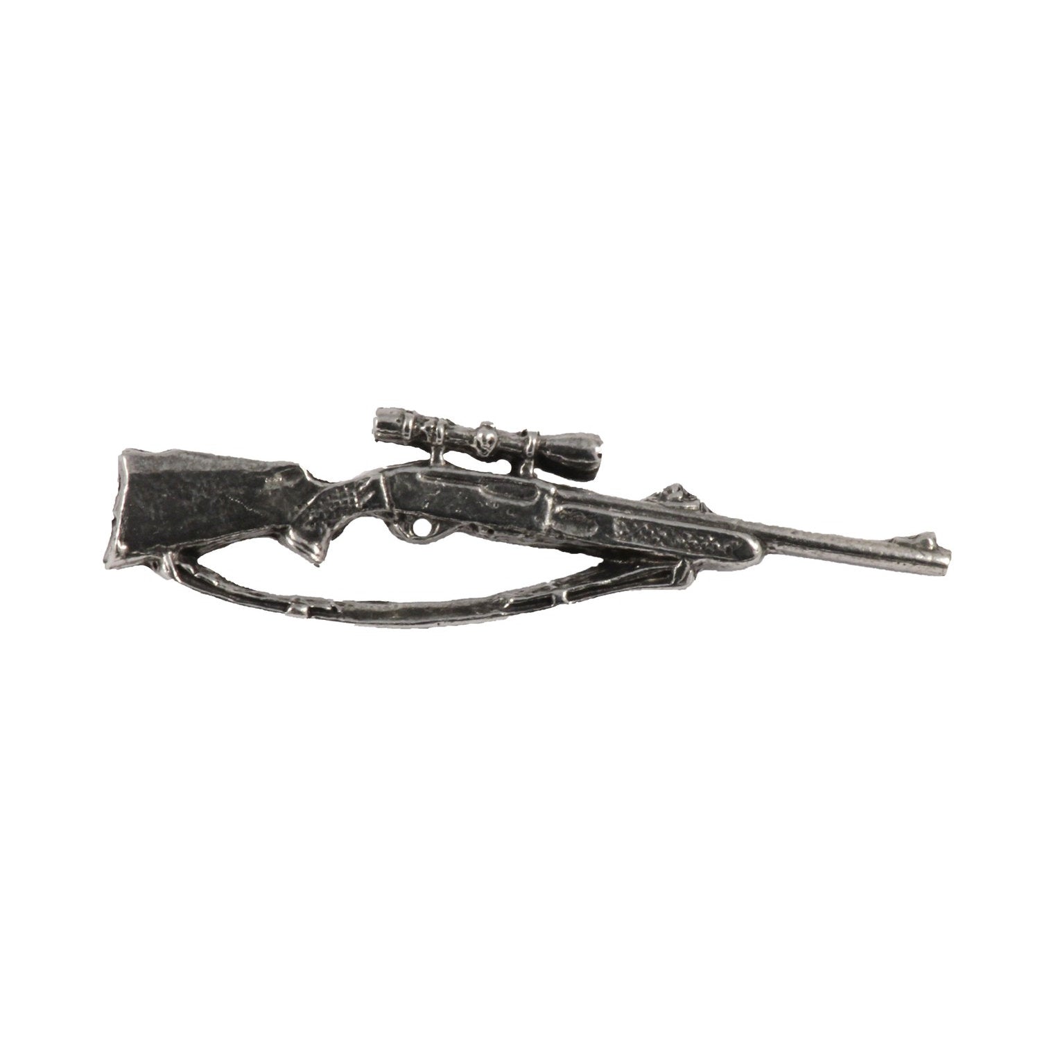 Detailed Antique Pewter Bolt-Action Rifle With Scope Pin that can be worn on a hat, jacket, backpack, etc.