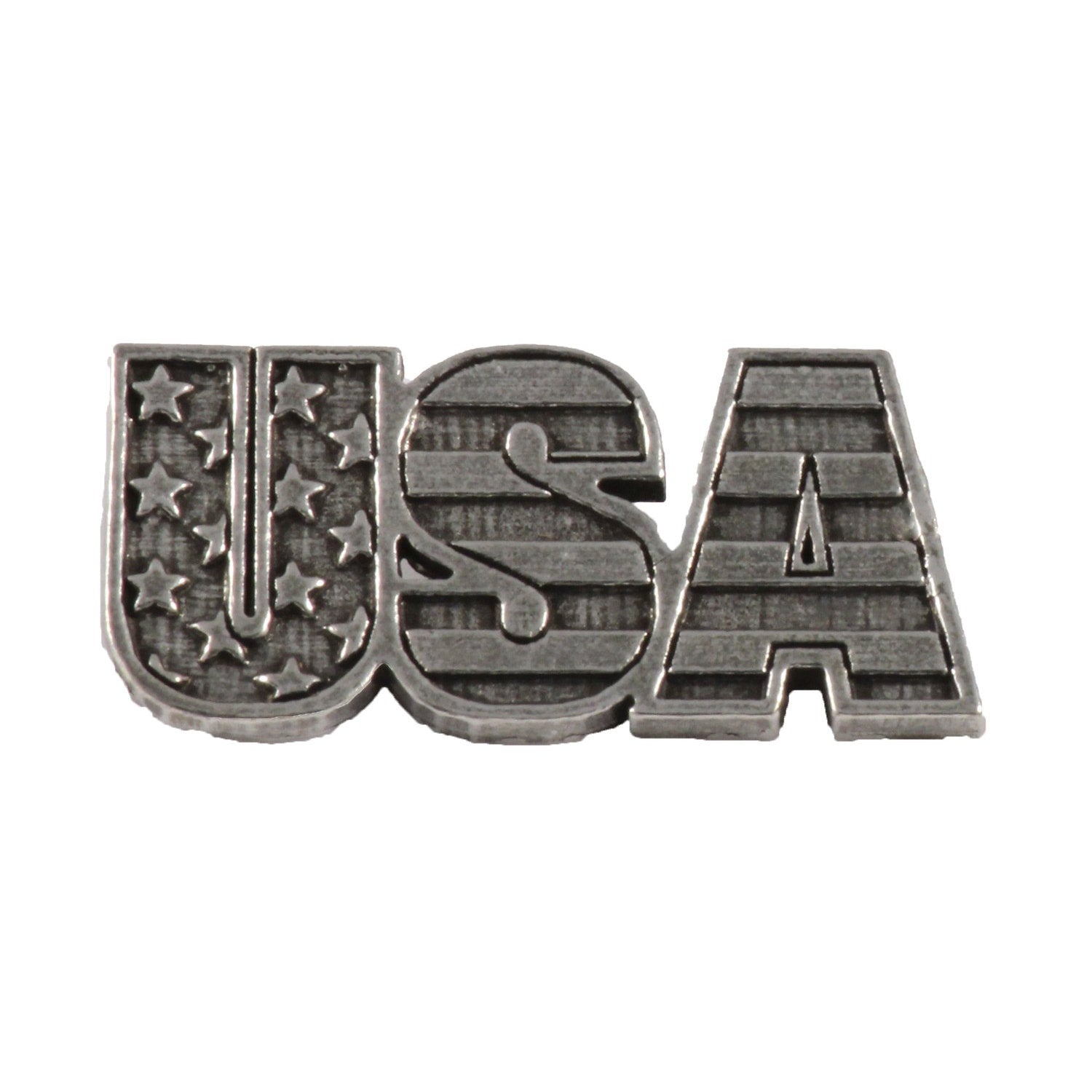 Detailed Antique Pewter USA Pin that can be worn on a hat, jacket, backpack, etc.