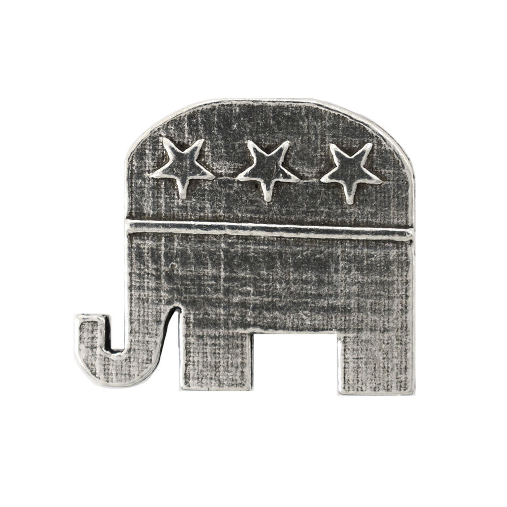 Detailed Antique Pewter Republic Elephant Pin that can be worn on a hat, jacket, backpack, etc.