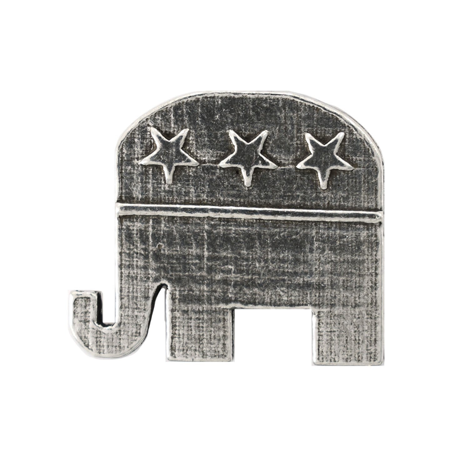 Detailed Antique Pewter Republic Elephant Pin that can be worn on a hat, jacket, backpack, etc.