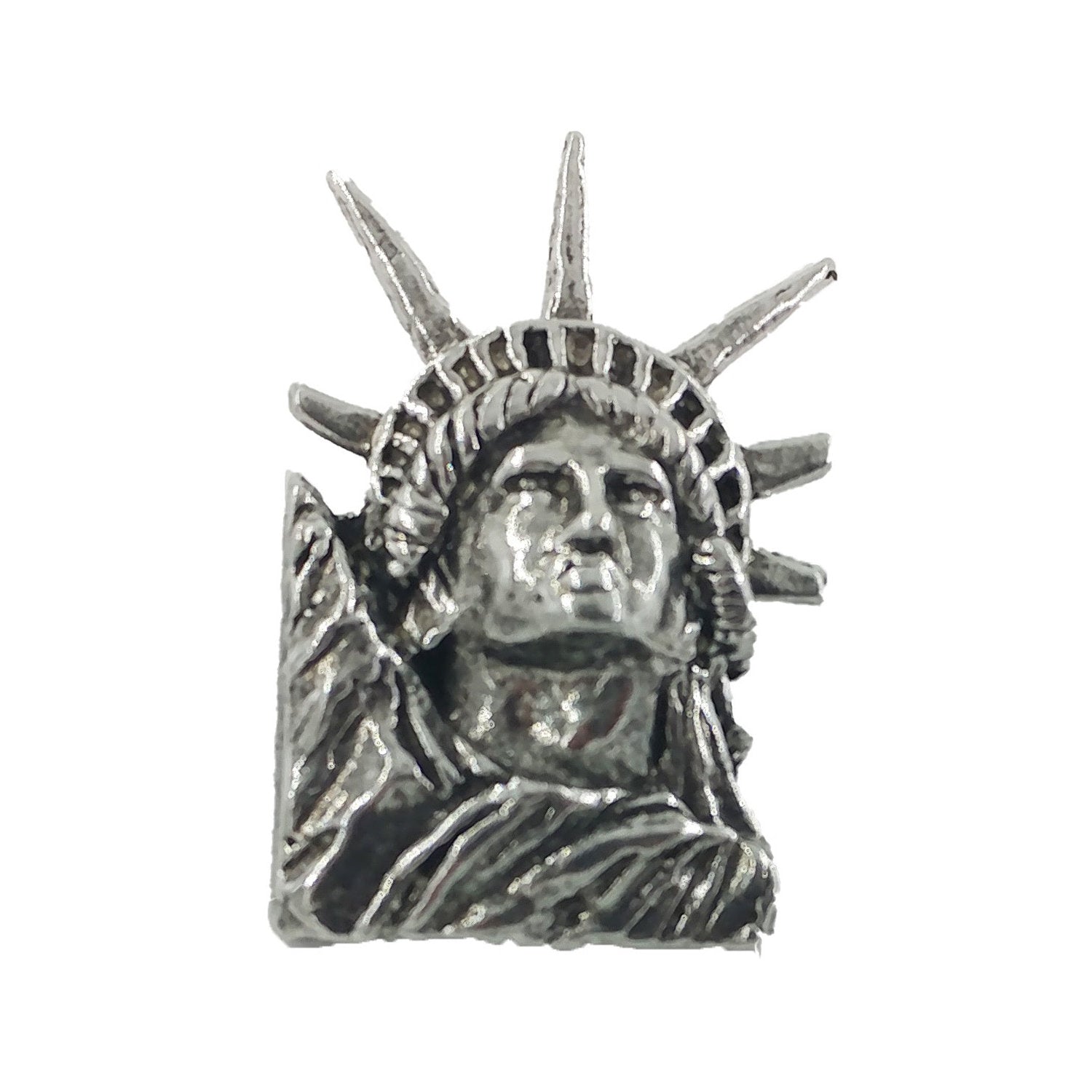 Detailed Antique Pewter Lady Liberty Pin that can be worn on a hat, jacket, backpack, etc.