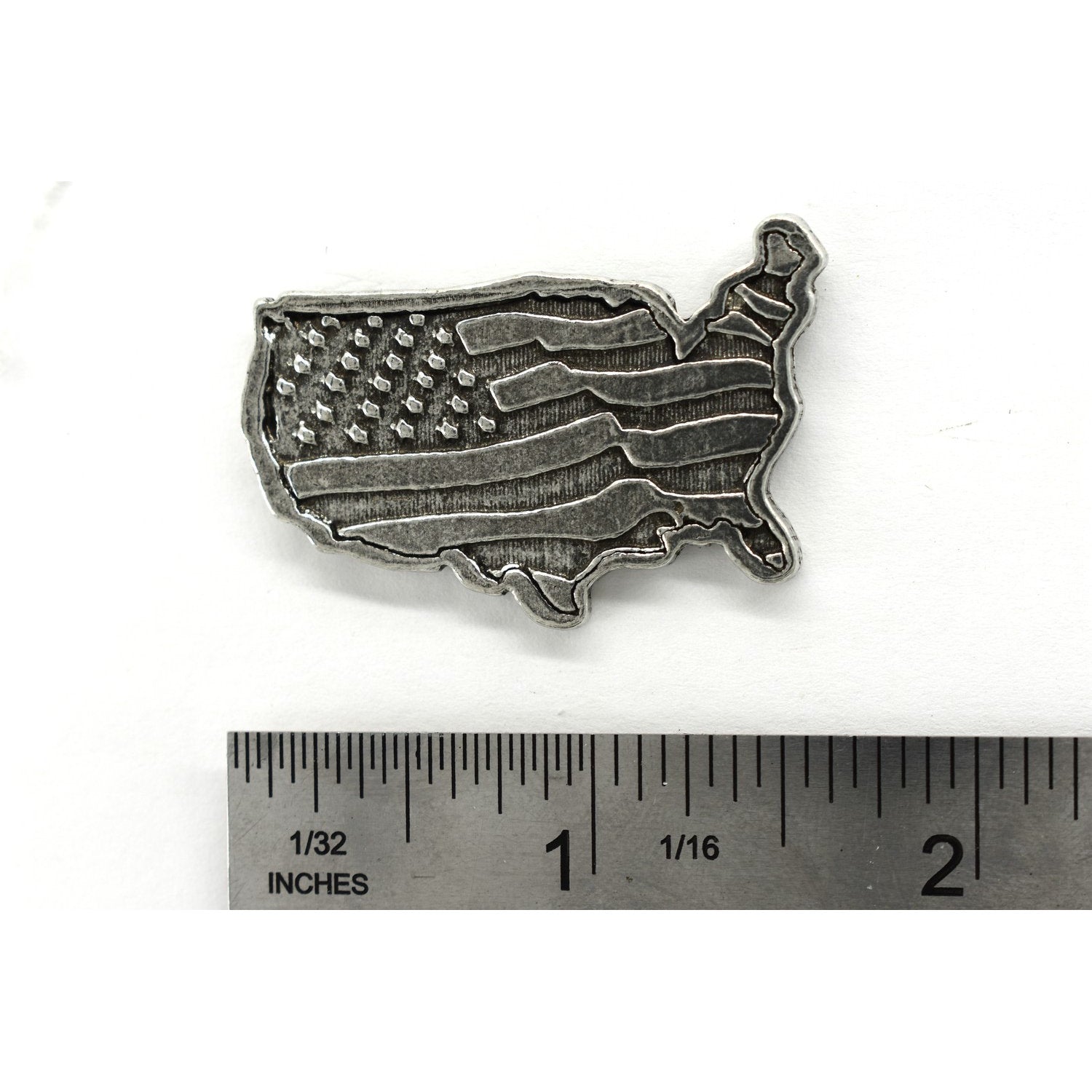 A handcrafted American Flag Pin next to a ruler, available for sale at Creativeartisan.com - the image offers a sense of scale