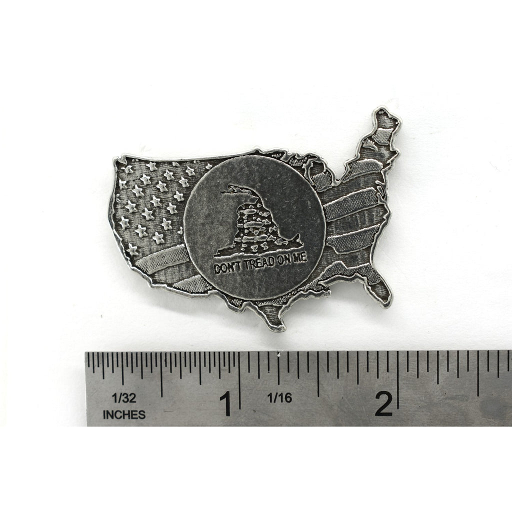 A handcrafted American Flag Dont Tread On Me Pin next to a ruler, available for sale at Creativeartisan.com - the image offers a sense of scale