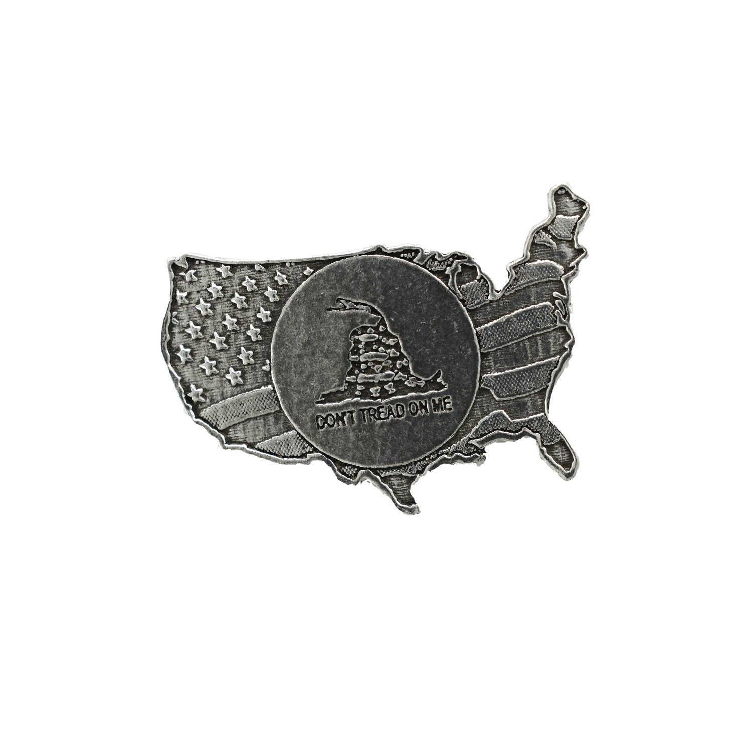 Detailed Antique Pewter American Flag Don't Tread On Me' Pin that can be worn on a hat, jacket, backpack, etc.
