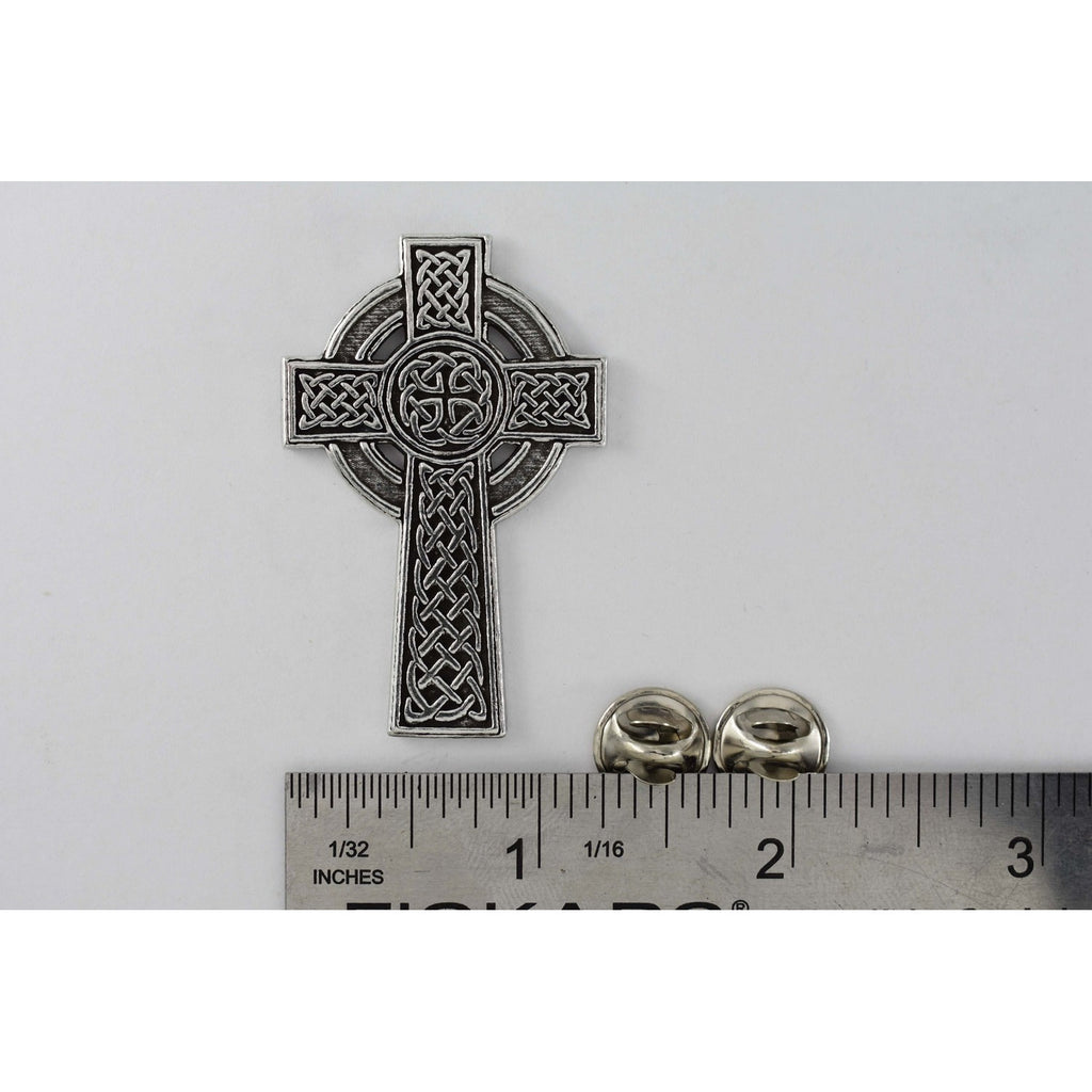 A handcrafted Celtic Cross New Pin next to a ruler, available for sale at Creativeartisan.com - the image offers a sense of scale