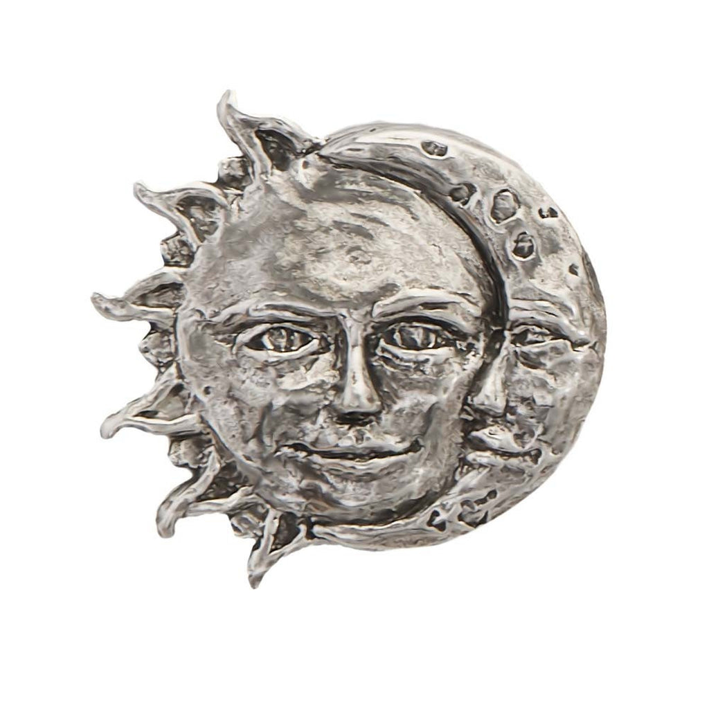 Detailed Antique Pewter Sun And Moon Pin that can be worn on a hat, jacket, backpack, etc.