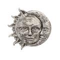 Detailed Antique Pewter Sun And Moon Pin that can be worn on a hat, jacket, backpack, etc.