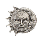 Detailed Antique Pewter Sun And Moon Pin that can be worn on a hat, jacket, backpack, etc.
