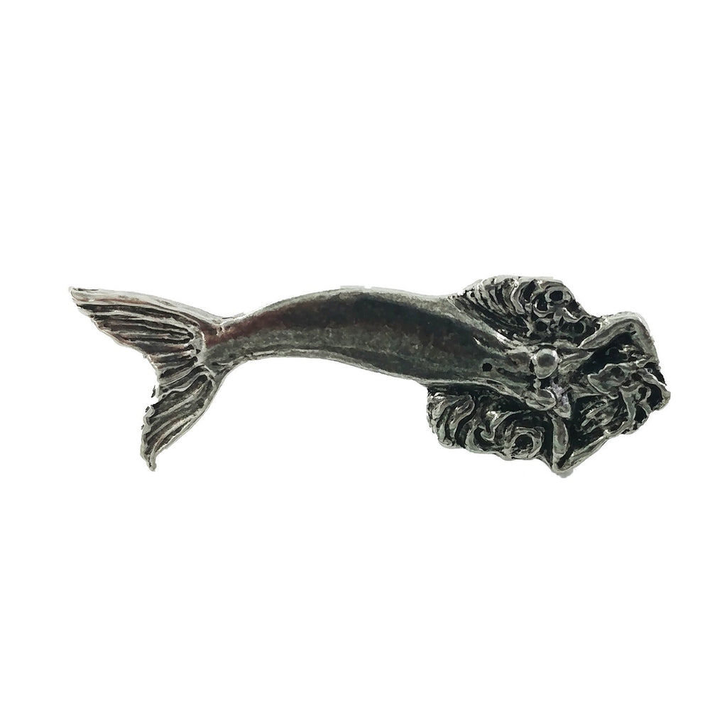 Detailed Antique Pewter Mermaid Pin that can be worn on a hat, jacket, backpack, etc.