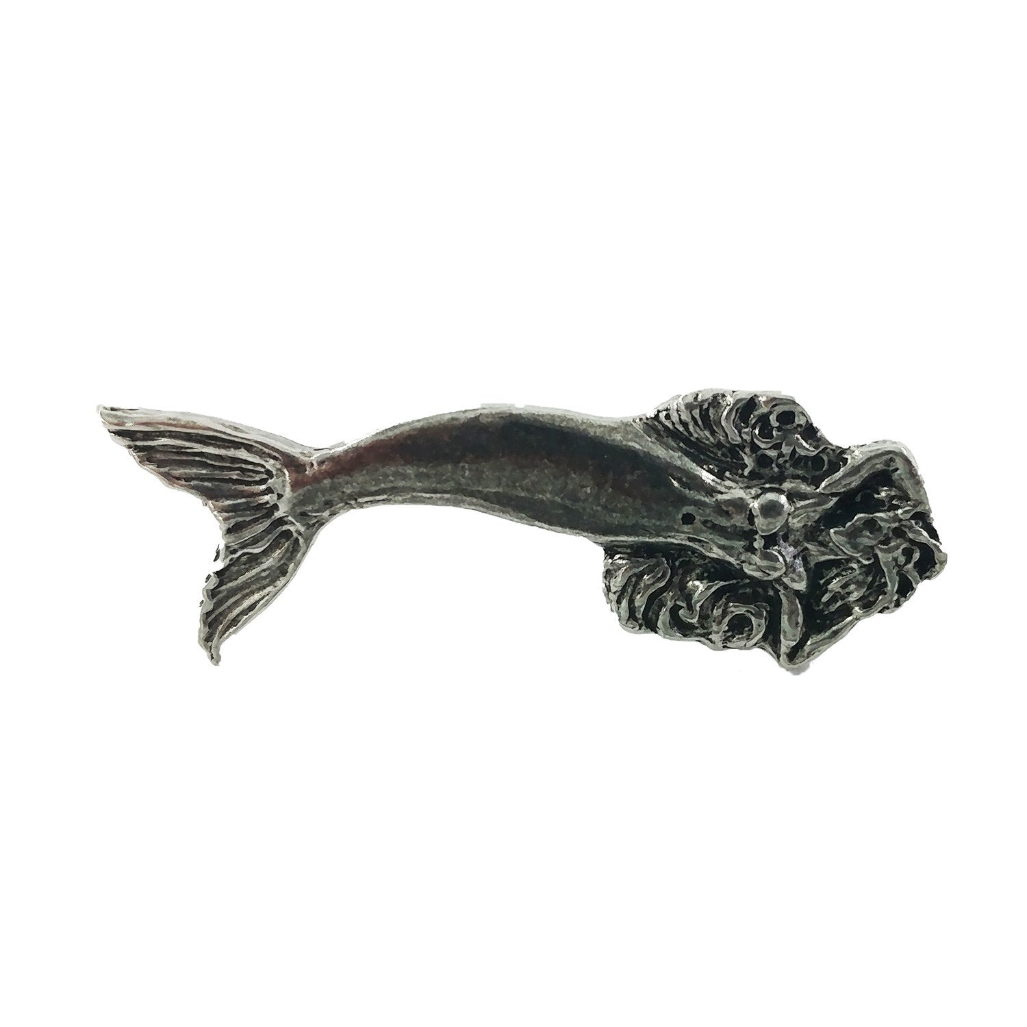Detailed Antique Pewter Mermaid Pin that can be worn on a hat, jacket, backpack, etc.